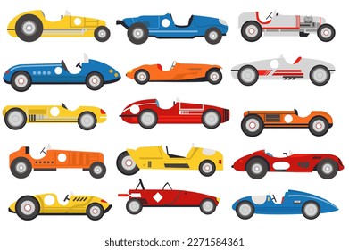 Retro race cars set icons concept without people scene in the flat cartoon design. Image of various retro cars. Vector illustration.