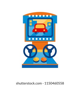 Retro racing car arcade game machine with steering wheel vector Illustration on a white background
