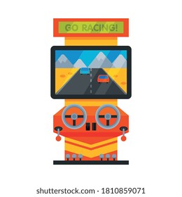 Retro Racing Car Arcade Game Machine with Steering Wheels, Video Gaming Machinery Vector Illustration