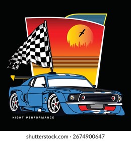 Coche de carreras retro con la bandera a cuadros y el fondo vibrante de la puesta del sol

