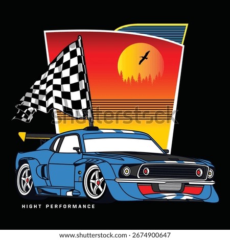 Retro Racing Car with Checkered Flag and Vibrant Sunset Background

