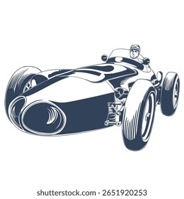 Retro racing car low front view with serious helmeted driver, vintage motorsport vector illustration hand-drawn style isolated on white background
