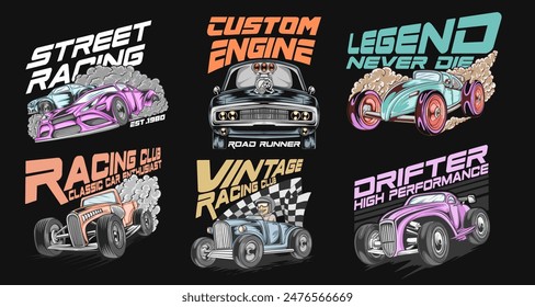 Retro racing car t shirt designs bundle, car vector set, Classic car illustration collection for print.