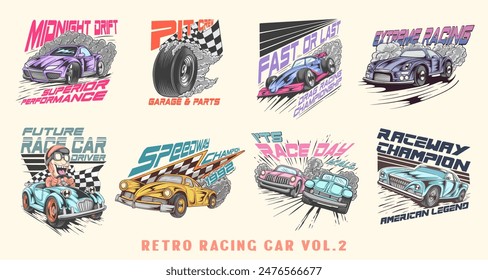 Retro racing car t shirt designs bundle, Classic car vector set, Vintage Classic car illustration collection for print.