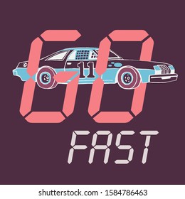 Retro racing car t-shirt design. Stylized typography. Hand drawn sport car, Pen graphic. 