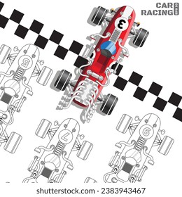 Retro racing cars at the finish line. View from above. Isolated on white background. Vector illustration.