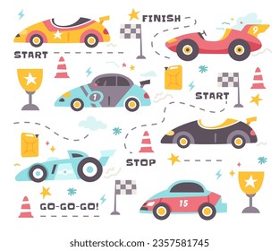 Retro racing speed car vehicle driving rally moving fast, standing on start, reaching finish on road doodle drawing set. Automotive competition with vintage classic sports vehicle vector illustration