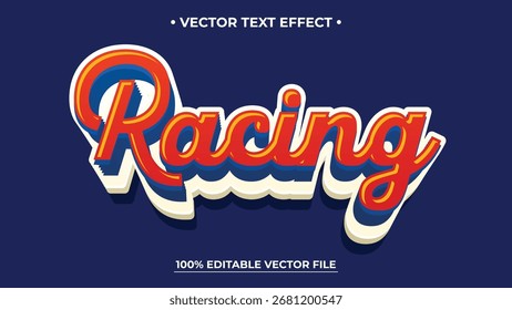 Efecto de texto de carreras retro con capas rojas, azules y amarillas en azul oscuro