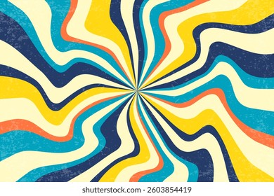 Retro radial spiral sunburst. Vector swirl textured pattern with rays. Vintage abstract wavy blue and yellow striped vortex on white background. 70s funky psychedelic disco bg.