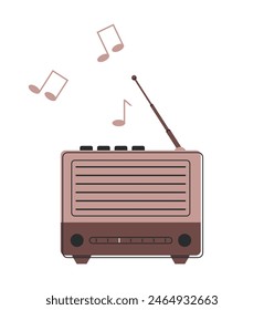 Retro radio with antenna. Vintage radio for listening music. Broadcasting radio programs. Working radio. Flat vector illustration isolated on white background.