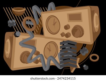 Retro Radio, black and brown geometrical graphic retro theme background. Minimal geometric elements. Vintage abstract shapes vector illustration.