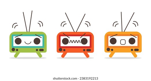 Retro radio. Cartoon cute radio set. Different emotions. Vector flat illustration. Clipart isolated on white background.