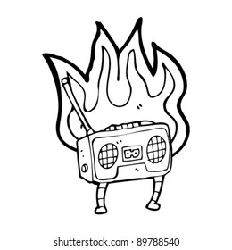 retro radio cassette player on fire cartoon
