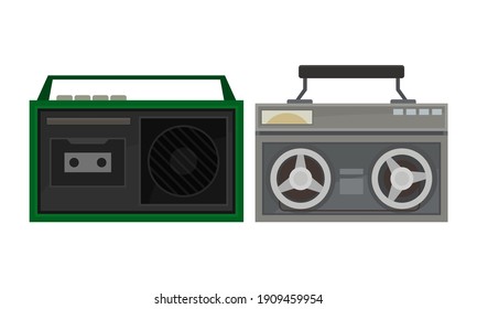 Retro Radio Cassette Recorder or Receiver as Electronic Device Receiving Radio Waves Vector Set