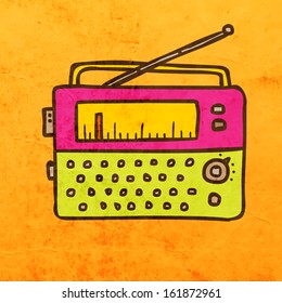 Retro Radio. Cute Hand Drawn Vector illustration, Vintage Paper Texture Background