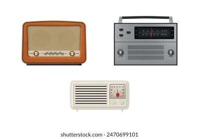Retro radio different musical broadcast audio sound speaker electronic device set realistic vector illustration. Vintage music media entertainment old fashioned station frequency wave tuner technology