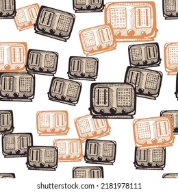 Retro radio engraved seamless pattern. Vintage media equipment in hand drawn style. Sketch texture for fabric, wallpaper, textile, print, title, wrapping paper. Vector illustration.
