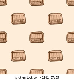 Radio retro grabado patrón sin fisuras. Equipo de medios de comunicación de época con estilo dibujado a mano. Esbozar textura para tela, papel pintado, textil, impresión, título, papel envolvente. Ilustración vectorial.