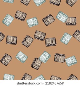 Retro radio engraved seamless pattern. Vintage media equipment in hand drawn style. Sketch texture for fabric, wallpaper, textile, print, title, wrapping paper. Vector illustration.