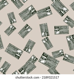 Retro radio engraved seamless pattern. Vintage media equipment in hand drawn style. Sketch texture for fabric, wallpaper, textile, print, title, wrapping paper. Vector illustration.