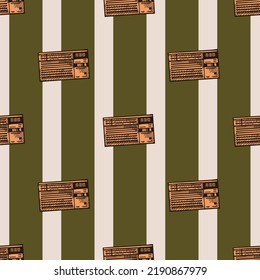 Retro radio engraved seamless pattern. Vintage media equipment in hand drawn style. Sketch texture for fabric, wallpaper, textile, print, title, wrapping paper. Vector illustration.
