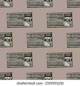 Radio retro grabado patrón sin fisuras. Equipo de medios de comunicación de época con estilo dibujado a mano. Esbozar textura para tela, papel pintado, textil, impresión, título, papel envolvente. Ilustración vectorial.