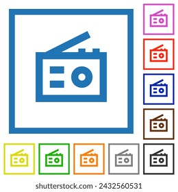 Retro radio flat color icons in square frames on white background