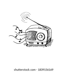 Retro radio hand drawn sketch. Vector illustration, isolated on white.