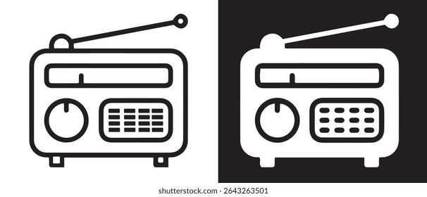 Ícone de rádio retrô. versão de linha e glifo, contorno e sinal de vetor preenchido. Rádio antigo com antena linear e pictograma completo. Símbolo, ilustração de logotipo. Definição de ícones de estilo diferente.