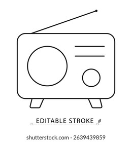 Retro radio icon in line style with antenna and editable stroke. Vintage receiver outline, flat vector symbol for music, audio, and broadcasting interface. Media, communication.