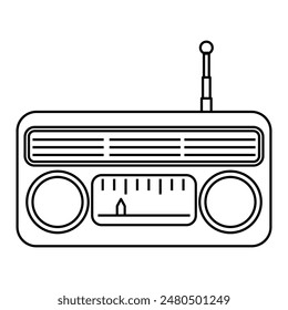 Icono de radio retro en estilo de contorno. Antiguo receptor de radio con antena aislada sobre fondo blanco. Símbolo de música vintage, noticias y entretenimiento.