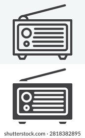 Retro radio icon set in line and solid different style. Outline icon and filled icon with antenna, knobs and grille, editable stroke vector sign and symbol.