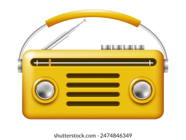 Retro radio icon. Yellow radio. Vector 3D clipart isolated on white background.