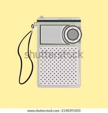 Retro radio isolated on yellow background. Pocket transistor radio. Vintage radio vector. Old radio. Vintage objects. Flat design vector illustration.