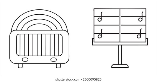 Retro radio and music stand illustrations in black and white style.