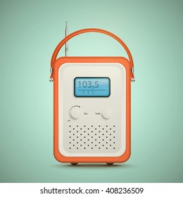 Retro radio. Old radio. Realistic illustration of vintage radio receiver. Vector radio isolated. Nostalgia. Isolated radio. Radio translation. Radio antenna. Radio wave. 