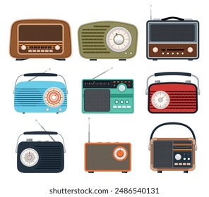 Retro radio old receiver for music station entertainment broadcasting set vector flat illustration. Vintage musical sound communication analogue technology volume wave tuner with antenna and handle