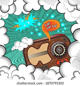Retro radio on a comic style vintage background. Collage, poster, card. Vector illustration