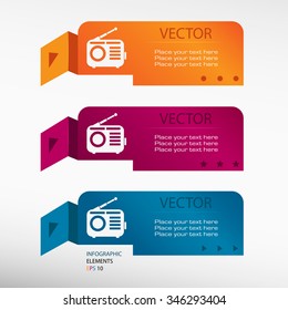 Retro radio on origami paper banners. Can be used for workflow layout, diagram, business step options, banner, web design