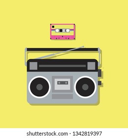 Retro radio player and cassette tape. Vector illustration