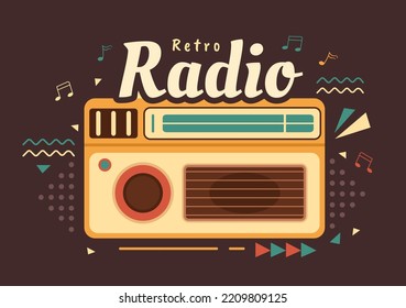 Retro Radio Player Style for Record, Old Receiver, Interviews Celebrity and Listening to Music in Template Hand Drawn Cartoon Flat Illustration