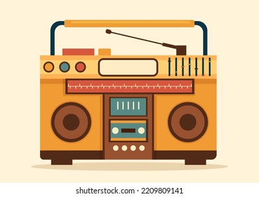 Retro Radio Player Style for Record, Old Receiver, Interviews Celebrity and Listening to Music in Template Hand Drawn Cartoon Flat Illustration