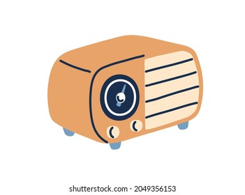 Receptor de radio retro con estilo de los años 50 y 60. Estación de música de la vieja escuela con altavoz. Pequeño equipo de audio vintage. Tecnología de los años 60. Ilustración vectorial plana aislada en fondo blanco