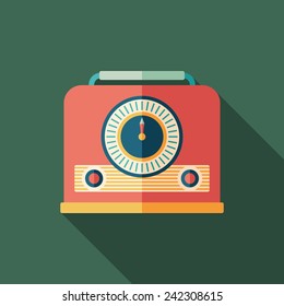 Retro radio receiver flat square icon with long shadows.