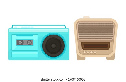 Retro Radio Receiver oder Wireless als elektronisches Gerät empfangen Radio Waves Vector Set