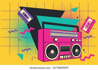 Retro radio recorder, boombox in pink color, simple flat style illustration.