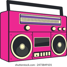 Grabadora de radio retro, caja de pluma en color rosa, ilustración simple de estilo plano.