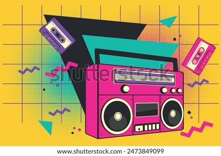 Retro radio recorder, boombox in pink color, simple flat style illustration.