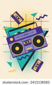 Retro radio recorder, boombox in violet and yellow color, simple flat style illustration.