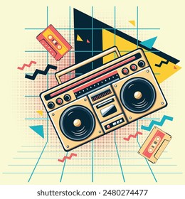 Retro radio recorder, boombox in yellow color, simple flat style illustration.